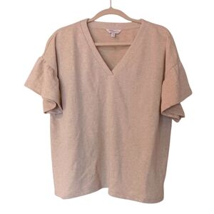 Soft Cotton Cream V-Neck Ruffle Sleeve Lightweight Sweatshirt